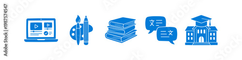 Blue education icon set featuring online learning laptop, art tools, books, language translation bubbles, and school building. Ideal for academic, e-learning, and creative study concepts.