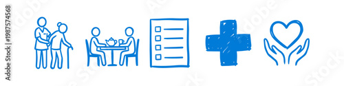 Blue hand-drawn icons representing senior care, medical assistance, companionship, health checkups, and emotional support. Perfect for healthcare and nursing home themes.