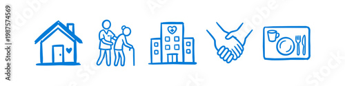Blue hand-drawn icon set for elderly care and nursing home services, featuring house, caregiver, hospital, supportive hands, and meal tray symbols. Minimalist sketch on a white background.