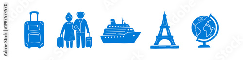 Set of blue travel icons featuring a suitcase, elderly couple, cruise ship, Eiffel Tower, and a globe. Ideal for concepts related to senior retirement travel and global tourism.