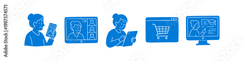 Set of blue vector icons featuring an elderly woman using technology for online shopping, video calls, e-learning, and mobile browsing. Concept of senior digital literacy and connectivity.