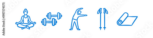 Hand-drawn blue fitness icon set featuring yoga, dumbbells, stretching, trekking poles, and exercise mat. Minimalist line art for wellness, health, and sport concepts.