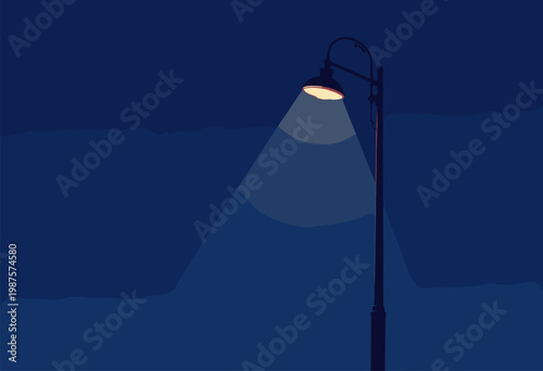 minimalist poster single, modern geometric street lamp glowing faintly against deep navy blue background High contrast Clean lines Space copy No text