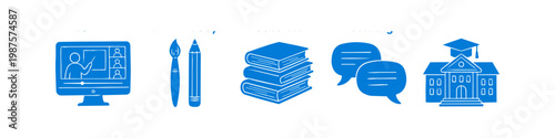 Blue icon set representing various aspects of education, including online learning, art, literature, communication, and higher education. Flat vector illustration on a white background.