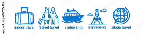 Blue hand-drawn icon set for senior and retired travel, featuring a suitcase, elderly couple, cruise ship, Eiffel Tower, and globe. Minimalist doodle style for vacation and tourism themes.