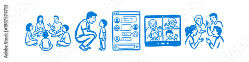 Hand-drawn blue doodle icons illustrating various forms of communication, including face-to-face discussion, video calling, mobile messaging, and family interaction on a white background.