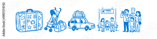 Blue line art doodles of family travel icons including a suitcase, stroller, car with luggage, and people at an airport. Perfect for tourism and holiday planning concepts.