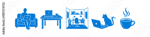 Blue flat icon set illustrating remote work and home office lifestyle, featuring a person on a sofa, desk setup, workspace, cat with laptop, and hot coffee cup. Ideal for WFH business concepts.
