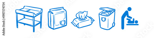 A set of blue hand-drawn icons illustrating baby changing essentials, including a table, diapers, wipes, and a disposal bin. Perfect for nursery infographics and childcare guidance.
