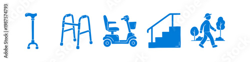 Blue silhouette icon set of elderly mobility aids: quad cane, walker, mobility scooter, stairs with handrail, and senior walking outdoors. Perfect for healthcare and accessibility design.