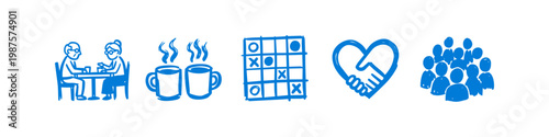 Blue hand-drawn icons representing community and social connection, featuring seniors, coffee mugs, a game, a heart handshake, and a group of people.