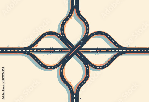 stylized illustration intricate highway interchange cloverleaf pattern seen from high aerial view Symmetrical, flowing black lines clean offwhite background No text