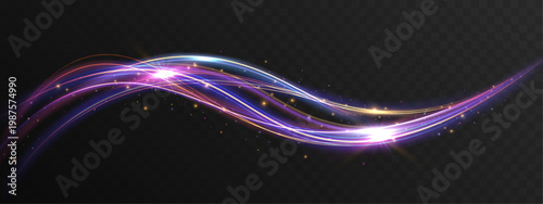 Light Colorful Energy Wave Motion Trails Flowing Glow Lines Abstract Dynamic Speed Effect with Spark Particles Isolated on Transparent Background.
