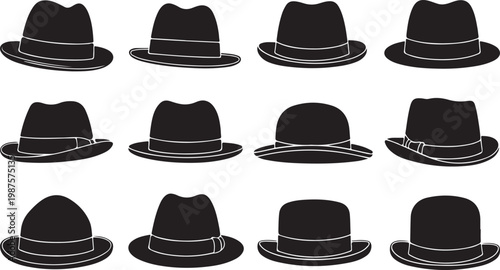 Collection of various black fedora hats in different styles and angles isolated on white background for design and fashion use