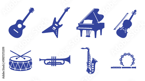 A collection of blue icons featuring various musical instruments, including guitars, piano, violin, drum, trumpet, saxophone, and tambourine, on a white background.