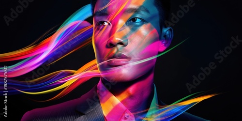 Vibrant abstract light streaks illuminate a thoughtful Asian businessman's face