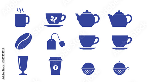 Minimalist blue coffee and tea-themed icon set arranged in a clean flat lay composition. Ideal for branding, web design, menus, packaging, and beverage-related marketing materials.