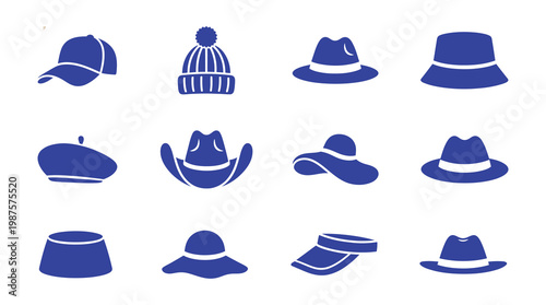 Minimalist set of stylish winter headwear including beanies, berets, and fedoras in flat design vector style. Ideal for fashion catalogs, seasonal promotions, e-commerce, and graphic design projects.