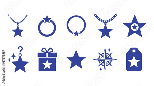 a collection of blue star icons and symbols for rating, gift, and sale on a white background, suitable for web design, marketing, and advertising materials