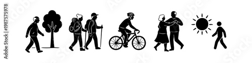 Minimalist black hand-drawn icons of active seniors hiking, cycling, dancing, and walking. Set of vector illustrations depicting a healthy and energetic lifestyle for elderly people on white.