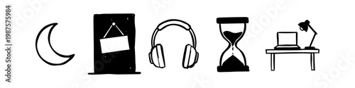 A set of hand-drawn minimalist icons representing late-night work and study. Includes a crescent moon, closed door, headphones, hourglass, and desk with laptop and lamp in a doodle style.