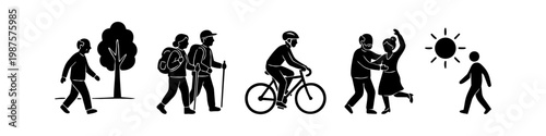 Set of black silhouette icons depicting an active senior lifestyle, featuring elderly people walking, hiking, cycling, and dancing. Ideal for retirement health and wellness concepts.