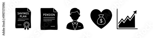 Set of black silhouette icons for retirement and financial planning, including savings plan, pension document, professional advisor, money heart, and growth chart on a white background.