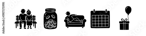 Set of black icons representing retirement and senior lifestyle, featuring an elderly couple, money savings jar, relaxing man on a sofa, a calendar, and a gift box with a balloon.