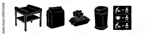 Set of hand-drawn black silhouettes for baby changing station essentials: changing table, diapers, wet wipes, disposal bin, and instructional sign. Perfect for parenting or facility icons.
