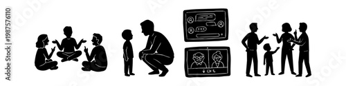 Minimalist black silhouette illustrations depicting family communication, parent-child interaction, and digital connection via video call and chat apps on a white background.