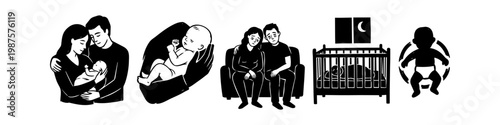 Set of black and white vector illustrations depicting early parenthood, including a newborn with parents, exhausted couple on a sofa, and a baby sleeping in a crib at night.