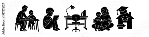 Black and white silhouette illustrations of homeschooling and educational scenes including parents teaching, children reading, and home study workspaces for remote learning.