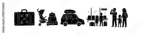 Black and white hand-drawn illustration set depicting travel scenes including suitcase with stickers, baby stroller, car with roof rack, and families waiting at the airport for their vacation.