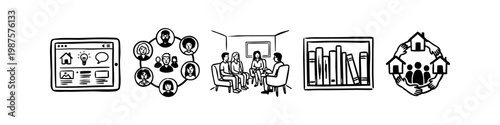 Set of hand-drawn icons illustrating community engagement, housing support, and social collaboration. Features a tablet, networking people, group therapy, bookshelf, and neighborhood care.