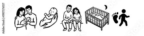 Hand-drawn line art icons illustrating the journey of parenthood: happy parents with a newborn, a sleeping baby, exhausted parents, a crib at night, and first steps milestones.