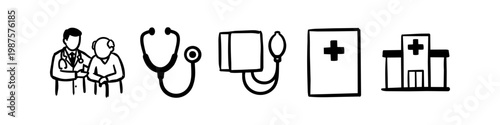 Set of hand-drawn medical icons including a doctor assisting an elderly patient, a stethoscope, a blood pressure cuff, a medical file, and a hospital building. Perfect for healthcare and elder care.