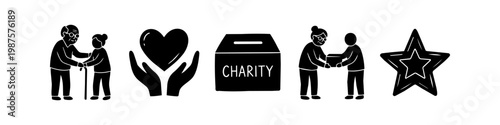 A set of black and white charity icons including elderly care, a donation box, hands holding a heart, and volunteering scenes. Minimalist silhouette vector illustrations for social support.