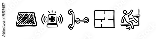 Hand-drawn icon set illustrating home safety and fall prevention for seniors, including grab bars, motion sensors, non-slip mats, and accessibility planning. Black and white doodle style.