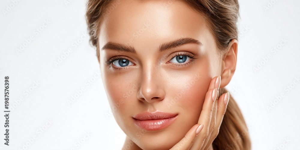 Fototapeta premium Beautiful woman with flawless skin gently touching her face with her hand