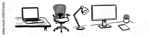 Hand-drawn minimalist doodle of office essentials featuring a laptop, ergonomic chair, desk lamp, monitor, and plant. Ideal for work from home, productivity, and workspace themes.