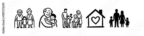 Set of minimalist black and white hand-drawn icons depicting family love, elderly care, and multi-generational connections, including grandparents, parents, children, and a heart in a home.
