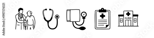Set of hand-drawn medical icons including a doctor with a senior patient, stethoscope, blood pressure monitor, clipboard, and clinic building. Minimalist healthcare line art.