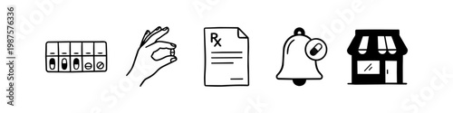 Set of hand-drawn medical and pharmacy icons featuring a pill organizer, hand holding medication, Rx prescription, reminder bell, and drugstore storefront. Minimalist black line art on white.