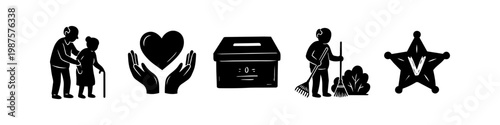 Set of black and white icons representing volunteering, charity, and community service. Includes elderly care, donation boxes, gardening, and heart-centered support symbols.