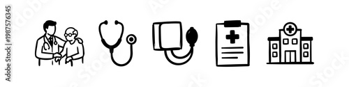 Set of hand-drawn medical icons featuring a doctor helping an elderly man, stethoscope, blood pressure monitor, clipboard, and hospital. Simple black line art doodle for healthcare themes.