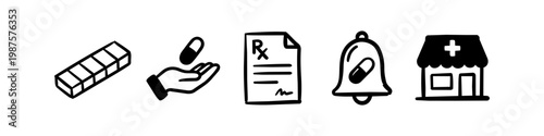 Hand-drawn pharmacy and medicine icon set featuring a pillbox, prescription, pill reminder bell, drugstore building, and capsule in hand. Minimalist black line art on white background.