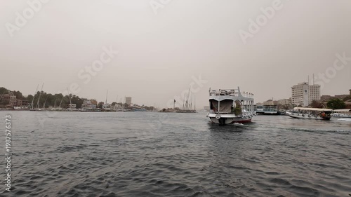A view of the Nile River and boats from Aswan, Egypt.