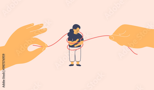 Parental Over-Restriction. adult hands tighten a rope around sad child girl. Oppression, control and harmful behavior by a caregiver. Psychology vector illustration