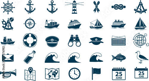 A collection of nautical icons and symbols in green and black