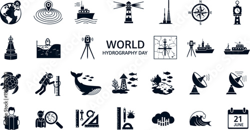 World hydrography day with various nautical and mapping icons